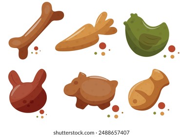 set of cat pellets, dry food in various forms, namely in the form of chicken, fish, pork, carrot and rabbit, for various designs, packaging or printing