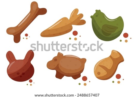 set of cat pellets, dry food in various forms, namely in the form of chicken, fish, pork, carrot and rabbit, for various designs, packaging or printing