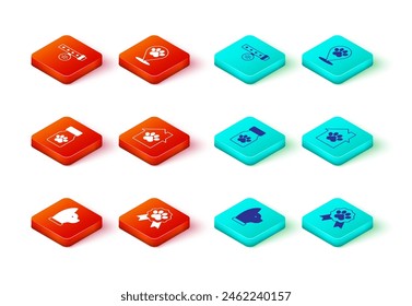 Set Cat, Pet award symbol, Medicine bottle and pills, house, Location veterinary hospital and Collar with name tag icon. Vector