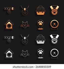 Set Cat, Pet award symbol, Hamster wheel, Location veterinary hospital, Dog house, carry case, Collar with name tag and  icon. Vector