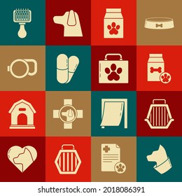 Colocar gatos, maletín de animales, Bolsa de alimentos para mascotas, Perro y pastillas, Correa de cordón retráctil, gato de perro de cepillo de pelo e icono del kit de primeros auxilios. Vector