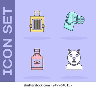 Conjunto Gato, estuche para mascotas, botella de medicina para perros e icono de bozal. Vector