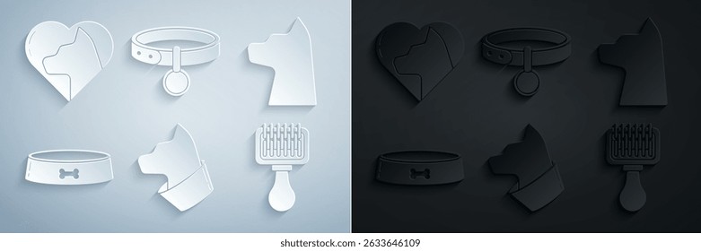 Set Cat, Pet food bowl, Hair brush for dog and cat, Collar with name tag and Heart icon. Vector
