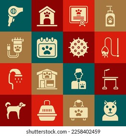 Set Cat, Pet grooming table, cat toy, Certificate for dog or, Calendar, Hair clipper pet, dryer and Tennis ball icon. Vector
