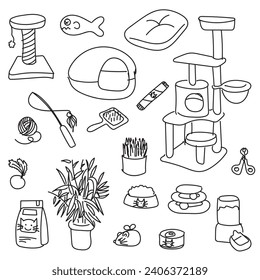 Set of cat and pet hand drawn accessories elements. food, leash, mouse. For the design of cat themes. Doodle sketch style vector illustration.