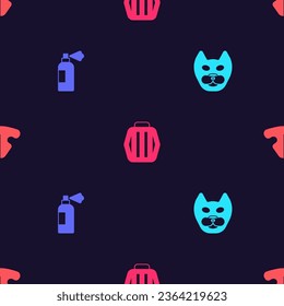 Set Cat, Pet shampoo, carry case and nose on seamless pattern. Vector