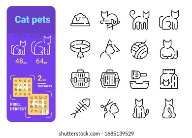 Set cat pets simple lines icons of animal pose and equiment. Concept collection modern symbols for pet care, internet, ad, web. Pixel perfect. Vector illustration.