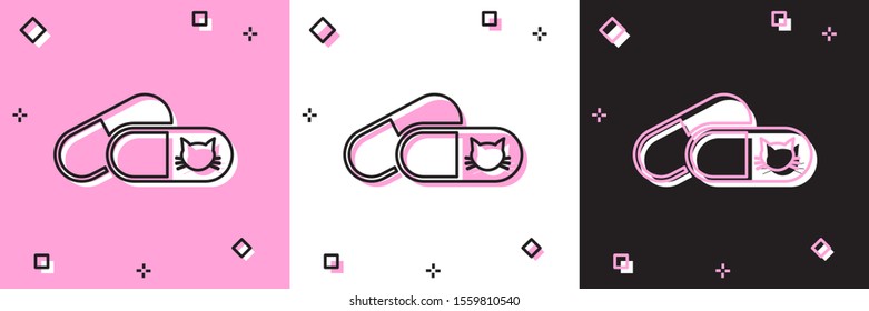 Set Cat and pills icon isolated on pink and white, black background. Prescription medicine for animal.  Vector Illustration