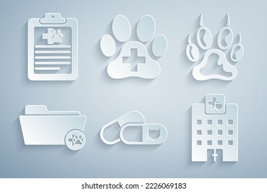 Set Cat and pills, Paw print, Medical veterinary record folder, Veterinary medicine hospital, clinic and Clinical pet icon. Vector