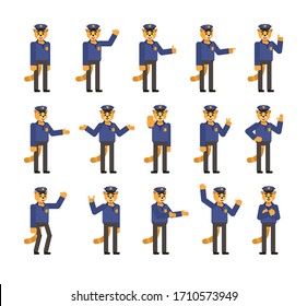 Set of cat policeman characters showing various hand gestures. Cat officer pointing, greeting, showing thumb up, victory and other gestures. Flat design vector illustration