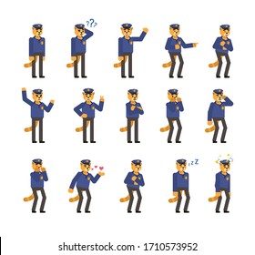 Set of cat policeman characters showing various emotions. Cat officer laghing, crying, tired, dazed, angry and showing other expressions. Simple design vector illustration