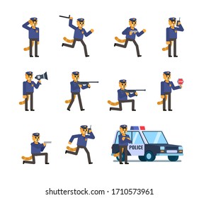 Set of cat policeman characters in various situations. Cat officer patroling, walking, running with gun and showing other actions. Simple design vector illustration
