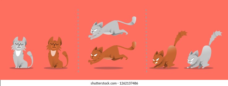 Set of cat poses. Kitten plays, jumps on a smart vacuum cleaner. Vector collection set of different gray and red cats. Isolated animals for web design