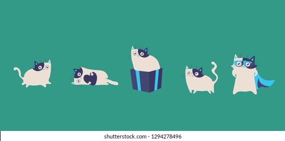 Set of cat with presentation in various poses, action, running, standing and walking. Super-Cat. Green background. Vector illustration.