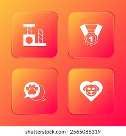 Set Cat scratching post, Dog award symbol, Paw print and Heart with dog icon. Vector