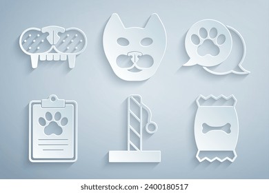Set Cat scratching post, Paw print, Clinical record pet, Bag of food for,  and tooth icon. Vector