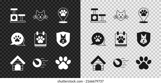 Set Cat scratching post with toy, Location veterinary hospital, Dog house, Pet toys ball, Paw print,  and Calendar grooming icon. Vector