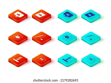 Set Cat scratching post with toy, Pet food bowl for cat or dog, Animal health insurance, Food fish and Fish icon. Vector