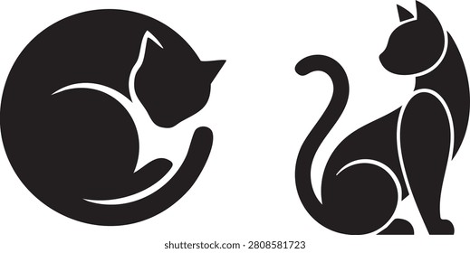 Set of cat silhouette designs in different poses with black and white cat icon animal art sitting curled feline silho