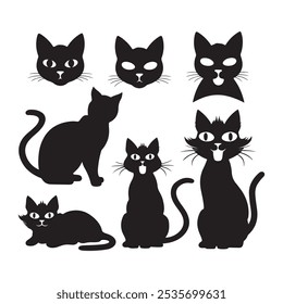 Set of cat silhouette vector art featuring multiple poses. Each cat is illustrated in a clean, minimalist style, capturing playful, relaxed, and curious stances. Ideal for graphic design and prints.