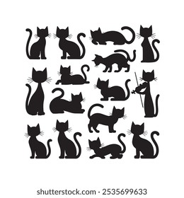 Set von Katze Silhouette Vektorkunst mit mehreren Posen. Jede Katze ist in einem sauberen, minimalistischen Stil illustriert, der verspielte, entspannte und neugierige Haltungen einfängt. Ideal für Grafikdesign und Drucke.