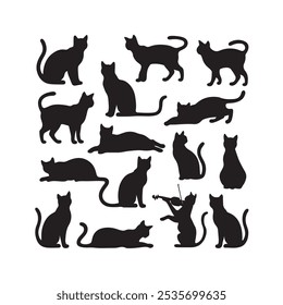 Set of cat silhouette vector art featuring multiple poses. Each cat is illustrated in a clean, minimalist style, capturing playful, relaxed, and curious stances. Ideal for graphic design and prints.
