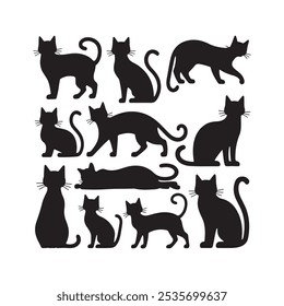 Set of cat silhouette vector art featuring multiple poses. Each cat is illustrated in a clean, minimalist style, capturing playful, relaxed, and curious stances. Ideal for graphic design and prints.