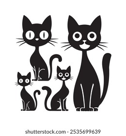 Set of cat silhouette vector art featuring multiple poses. Each cat is illustrated in a clean, minimalist style, capturing playful, relaxed, and curious stances. Ideal for graphic design and prints.