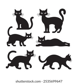 Set of cat silhouette vector art featuring multiple poses. Each cat is illustrated in a clean, minimalist style, capturing playful, relaxed, and curious stances. Ideal for graphic design and prints.
