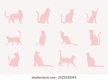 set cat silhouette vector illustration collection pink color and white background