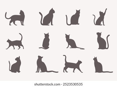 Conjunto de Ilustración vectorial de silueta de gato colección de color negro y fondo blanco