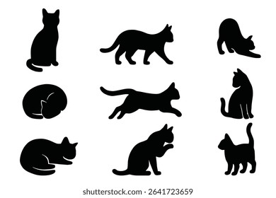 Set of Cat Silhouettes Pet Animal Vector in Various Poses