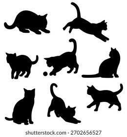 Conjunto de siluetas de gato. Sombra de gato dibujada a mano. Ilustración vectorial plana.	