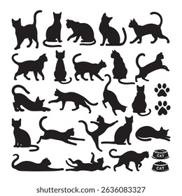 Set of Cat Silhouettes in Various Poses on White Background