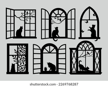 Set of cat sitting on the window. Collection of a silhouette of a kitten looking out the window. Night landscape. Lover pets. Cozy cat. Vector illustration isolated on white background.