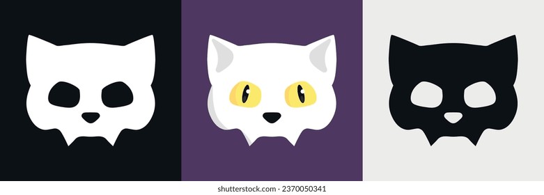 Set of cat skulls. Black and white cat skull silhouettes and skull with yellow eyes. Vector illustration