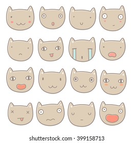 Set of cat smiles, emotions. Vector hand drawn illustration