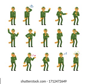 Set of cat soldier characters showing various emotions. Military cat crying, laughing, tired, angry, sleeping and showing other expressions. Minimal design vector illustration
