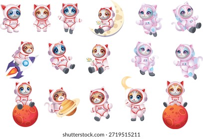 Set of cat space astronaut cartoon vector character illustration.