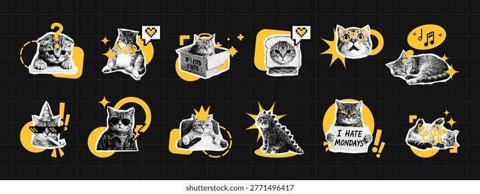 Set of cat sticker collection featuring various cute character poses and funny expressions. Trendy vector illustration with dotwork aesthetic for creative scrapbooking and digital graphic element.