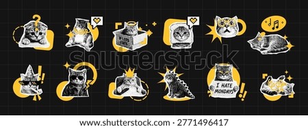 Set of cat sticker collection featuring various cute character poses and funny expressions. Trendy vector illustration with dotwork aesthetic for creative scrapbooking and digital graphic element.