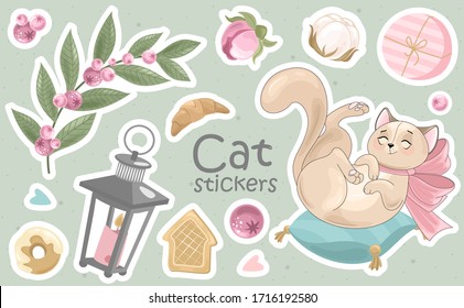Eine Reihe von Cat-Aufklebern und Symbolen. Vektorgrafiken. Druck auf Stoff, Papier, Karten, Einladungen.