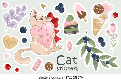 A Set of Cat stickers and icons. Vector illustrations. Printing on fabric, paper, cards, invitations.