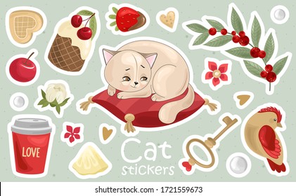 Un conjunto de etiquetas e iconos de Cat. Ilustraciones vectoriales. Impresión en tela, papel, tarjetas, invitaciones.