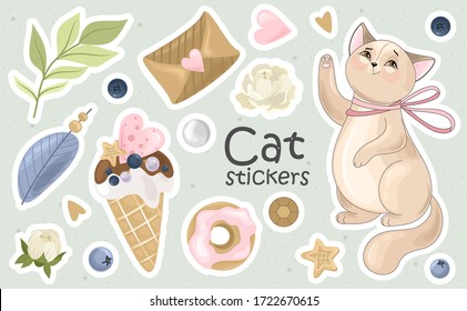 A Set of Cat stickers and icons. Vector illustrations. Printing on fabric, paper, cards, invitations.