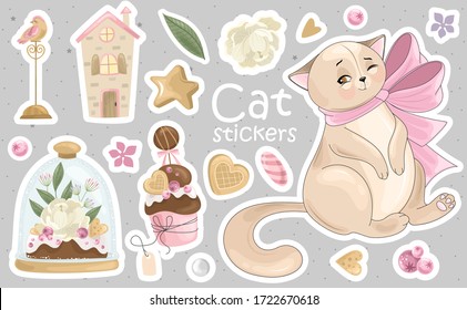 Un conjunto de etiquetas e iconos de Cat. Ilustraciones vectoriales. Impresión en tela, papel, tarjetas, invitaciones.