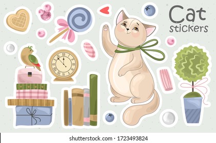 Un conjunto de etiquetas e iconos de Cat. Ilustraciones vectoriales. Impresión en tela, papel, tarjetas, invitaciones.