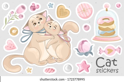 A Set of Cat stickers and icons. Vector illustrations. Printing on fabric, paper, cards, invitations.
