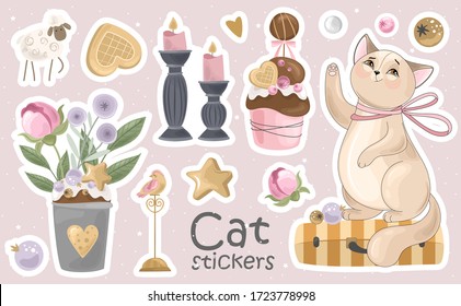 A Set of Cat stickers and icons. Vector illustrations. Printing on fabric, paper, cards, invitations.
