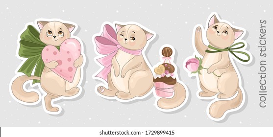 A Set of Cat stickers and icons. Vector illustrations. Printing on fabric, paper, cards, invitations.
